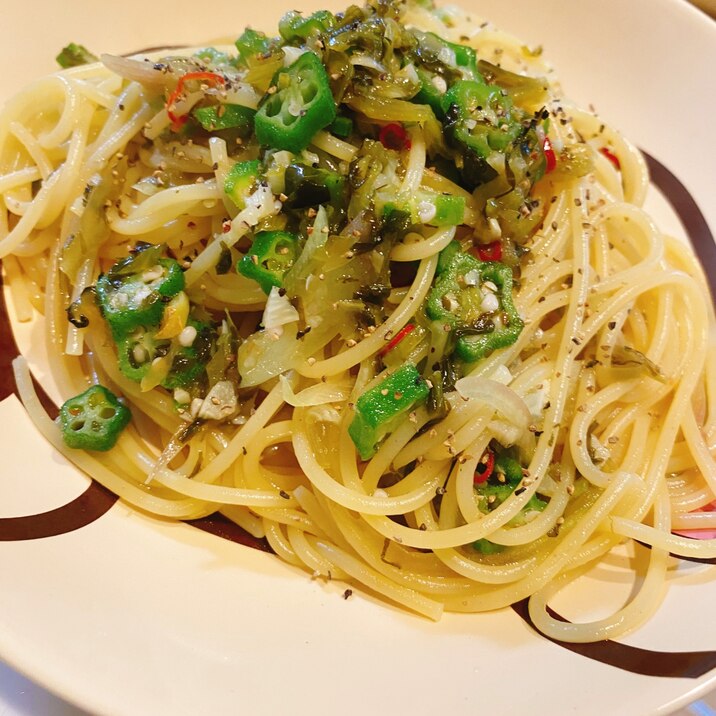 高菜とオクラのペペロンチーノ